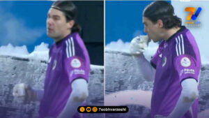 چای نوشیدن دروازه‌بان به خاطر سرمای شدید +ویدئو